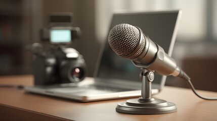 Microphone is on a desk next to a laptop and a camera