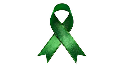 A detailed image of a green awareness ribbon on a black background