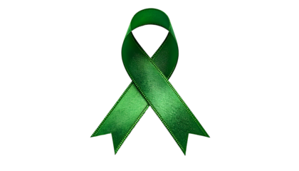 A detailed image of a green awareness ribbon on a black background