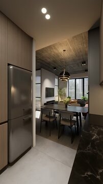 Studio apartment with an open kitchen area.	
