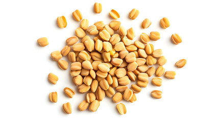 Pile of raw fenugreek seeds isolated on white background, top view