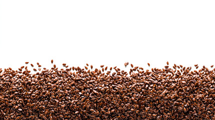 Scattered organic chia or flax seeds on a clean white background, healthy food ingredient.