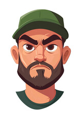 Angry Man with Beard and Cap Cartoon Portrait on transparent Background