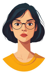 Young Woman with Short Black Hair and Glasses Cartoon Portrait on transparent Background