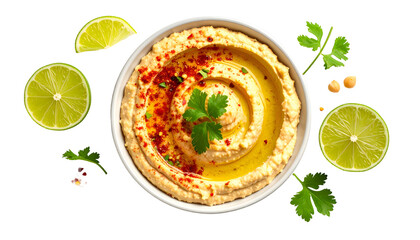 Overhead shot of creamy hummus in a white bowl, garnished with oil, paprika, lime, and cilantro