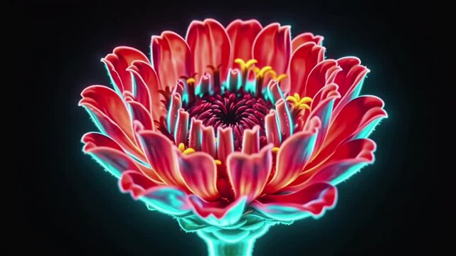 Neon zinnia flower blooming with bold cinematic glow
