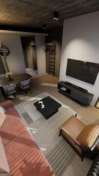 Studio apartment with an open kitchen area.	
