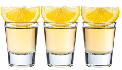 Three clear shot glasses filled with amber liquid, garnished with lemon wedges