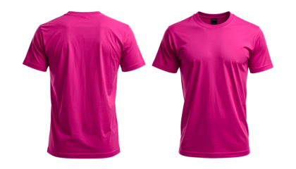 Front & back view, magenta crew neck tee on black. Studio-style product shot