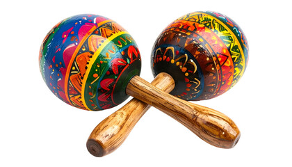 Two colorful, hand-painted wooden maracas crossed against a black background