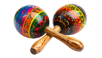 Two colorful, hand-painted wooden maracas crossed against a black background
