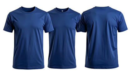 Three identical navy blue crew neck t-shirts, front, center, and back views