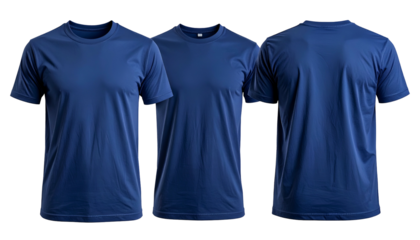 Three identical navy blue crew neck t-shirts, front, center, and back views