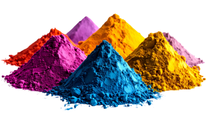 Colorful piles of vibrant powder, showcasing hues against a black background