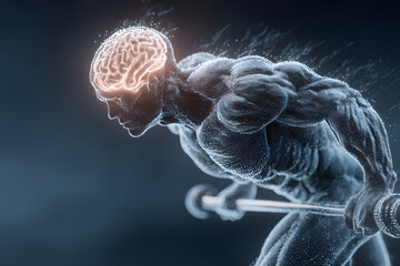 Brain exercising muscles, lifting heavy weights in gym - concept of studying, learning or mental growth. Generative AI