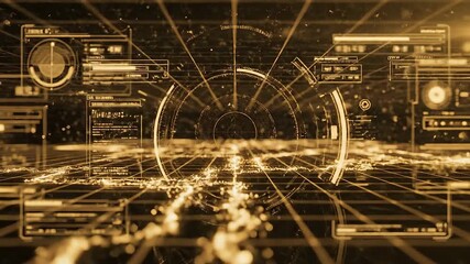 Dynamic abstract futuristic digital grid with glowing golden lines and interactive HUD elements representing data flow network connections and advanced technology in a virtual reality environment. - Powered by Adobe