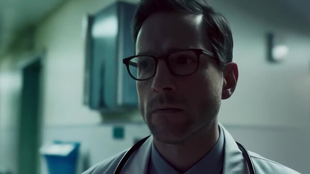 A doctor with a focused gaze walks down an empty hospital corridor, emphasising the tension of the medical environment, which is ideal for atmospheric background music in social videos about healthcar
