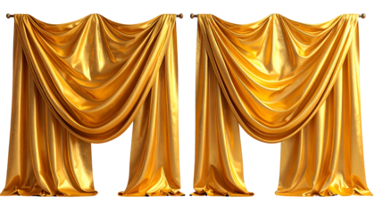 Luxurious golden curtains draped, showcasing light and shadows