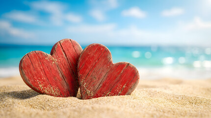 Two Red Hearts on Sandy Beach with Ocean Background
