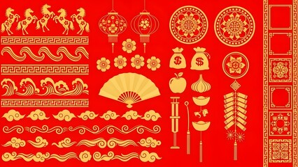 Collection of traditional chinese new year red and gold decorations and designs on red background