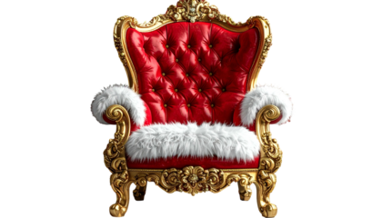 Ornate red chair with gold trim and white fur accents, perfect for a festive occasion