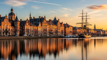 Fototapeta premium Sunset Reflections, Historic Architecture, Waterfront, Photography, Cityscape, Tranquil, Urban Beauty