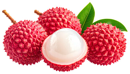 Group of red, textured lychees with green leaves, one cut open to show white fruit