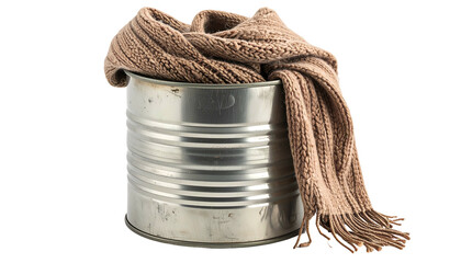 Tan knit scarf drapes over a metal can, isolated on a transparent background