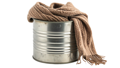 Tan knit scarf drapes over a metal can, isolated on a transparent background
