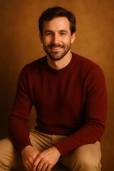 Fototapeta premium Smiling man posing in burgundy sweater and khaki trousers showcasing casual fashion and positive emotion