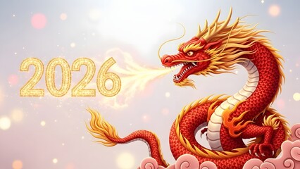 Fototapeta premium A red dragon with golden accents and fire breathing with 2026 in gold glittery text on a pink and white background with bokeh
