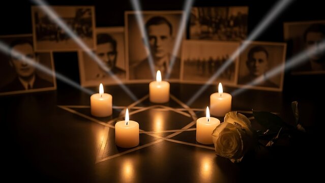 A somber memorial with candles and photographs of holocaust victims on a dark background with beams of light with remembrance and mourning with sorrow