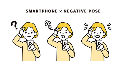 スマホの画面を見て困った・慌てた表情をする、中高年の女性のベクターイラスト素材セット