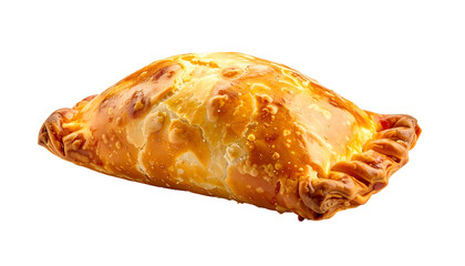 Golden baked empanada on a transparent background, showing texture and detail