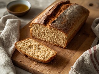 A rustic loaf of sourdough bread, partially sliced, with a bowl of olive oil, on a wooden cutting board with a white cloth.
