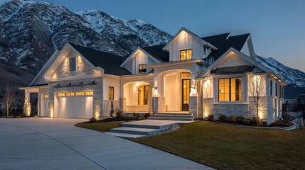 Modern luxury farmhouse home with warm exterior lighting and snowy mountain backdrop at twilight