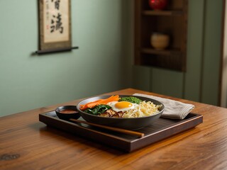 A wooden table set with a dark brown tray holding a bowl of ramen noodles with vegetables, an egg, and chopsticks. A white cloth is placed beside the tray.