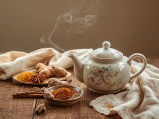 A ceramic teapot with a delicate handle and subtle floral design, emitting steam, is placed on a wooden table with a white cloth. Cinnamon sticks, ginger, and rice are scattered around the teapot.