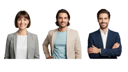 Three people in business casual clothing smiling at camera on black background isolated on white transparent png background download