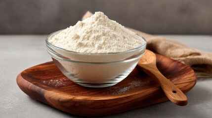 Heap of white flour or protein powder in a clear glass bowl on a wooden tray with a spoon
