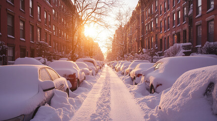 Parked cars buried under deep winter snow, capturing quiet urban stillness during heavy snowfall in soft morning light, evoking serene seasonal atmosphere.
