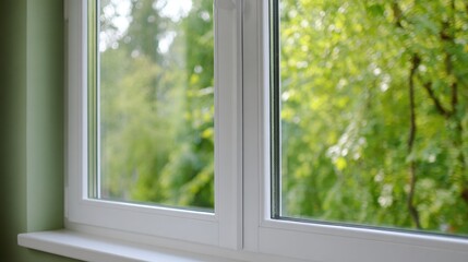 Modern white PVC window overlooking a lush green garden in summer