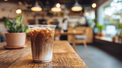 Iced coffee with milk in a clear plastic cup on a wooden table in a blurred cafe interior