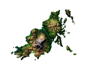 Isolated topographic map of maui-like island with lush green and rugged brown relief