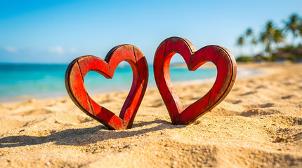 Two Red Hearts on Sandy Beach with Ocean Background