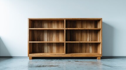 Modern Low Wooden Bookshelf and Empty Shelving Unit in a Minimalist Room Interior