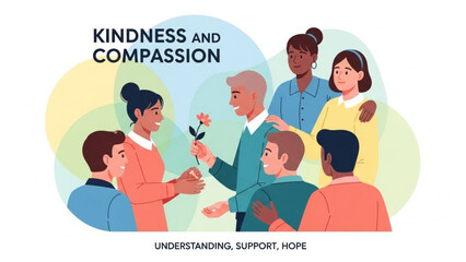 Diverse group of people sharing kindness and compassion offering a flower as a symbol of support and understanding vector illustration for social concepts