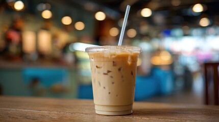 Iced latte coffee in clear plastic takeaway cup with straw on wooden table in blurred cafe background