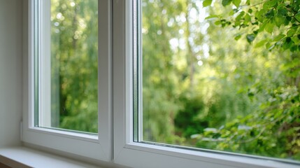 Modern white plastic window overlooking a lush green garden in summer