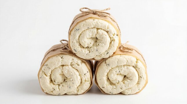 Stack of Three Delicious Cream Filled Rolls Tied with Natural Twine on White Background